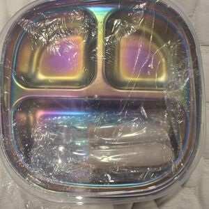 New In Box Rainbow Shimmery Stainless Steel Look Divided Kids Plate Lunch Dinner